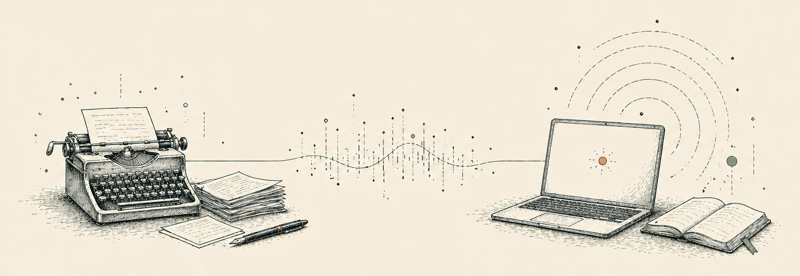 Creator transition — from typewriter to laptop with AI signals