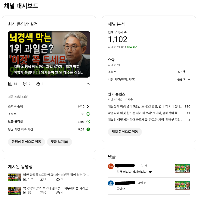 영상이 쌓인 채널의 대시보드