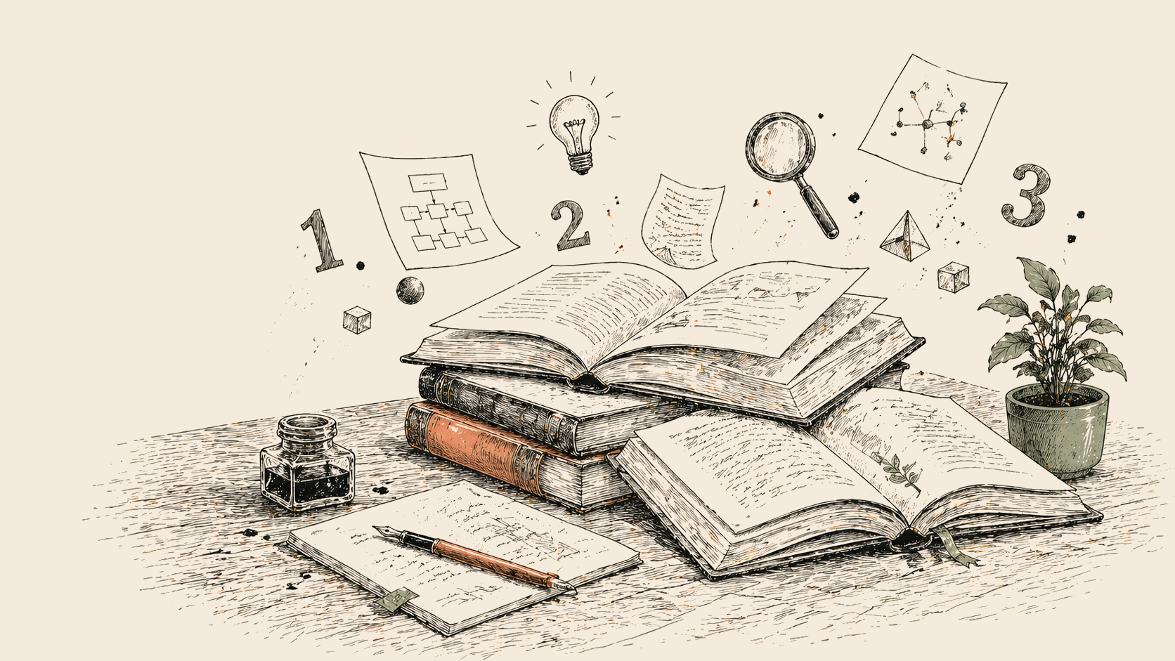 학습 — 책·노트·전구·돋보기·1·2·3 단계 학습 펜 일러스트