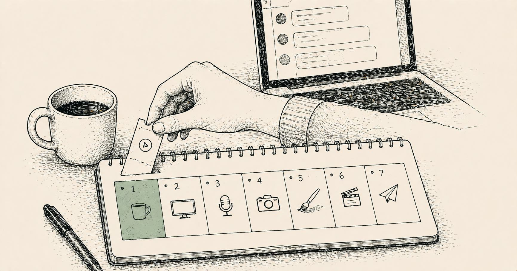 7일치 콘텐츠 캘린더 — 노트북 위 7칸 그리드