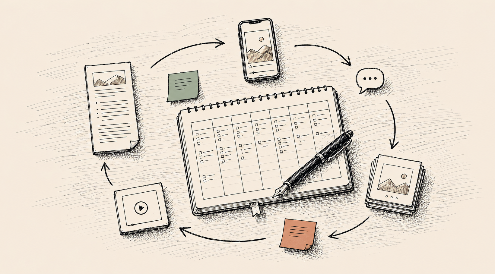 5채널 콘텐츠 매트릭스 — 블로그·유튜브·X·인스타·틱톡이 한 책상 위에 놓인 모습