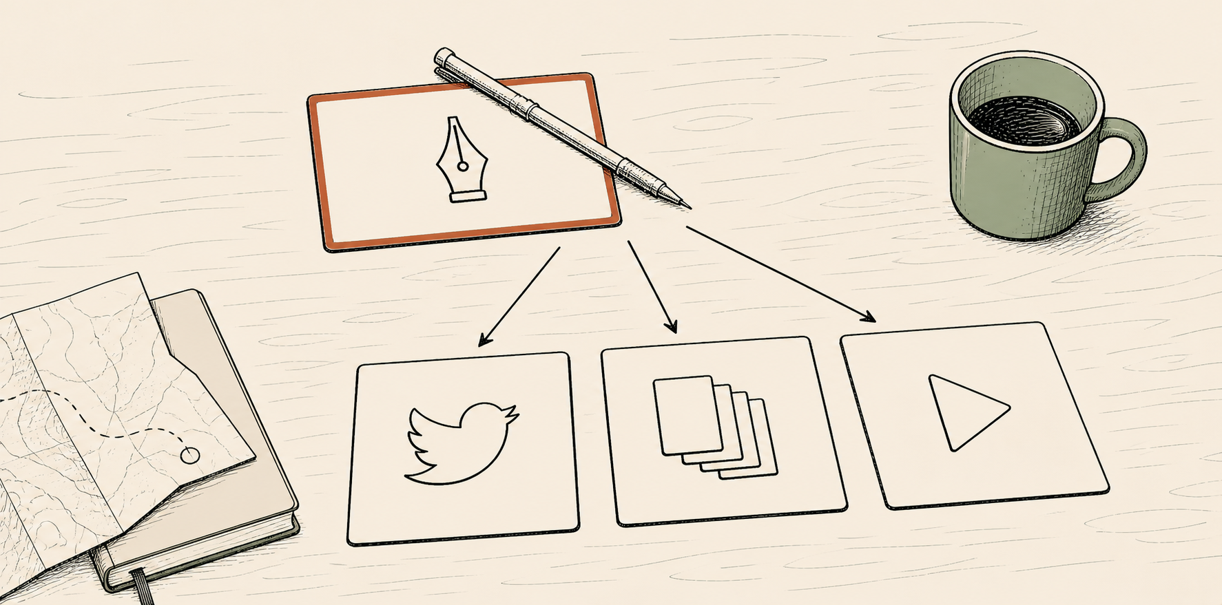 One seed splits into an X thread, a carousel, and a Reel — pen-and-ink wheel diagram
