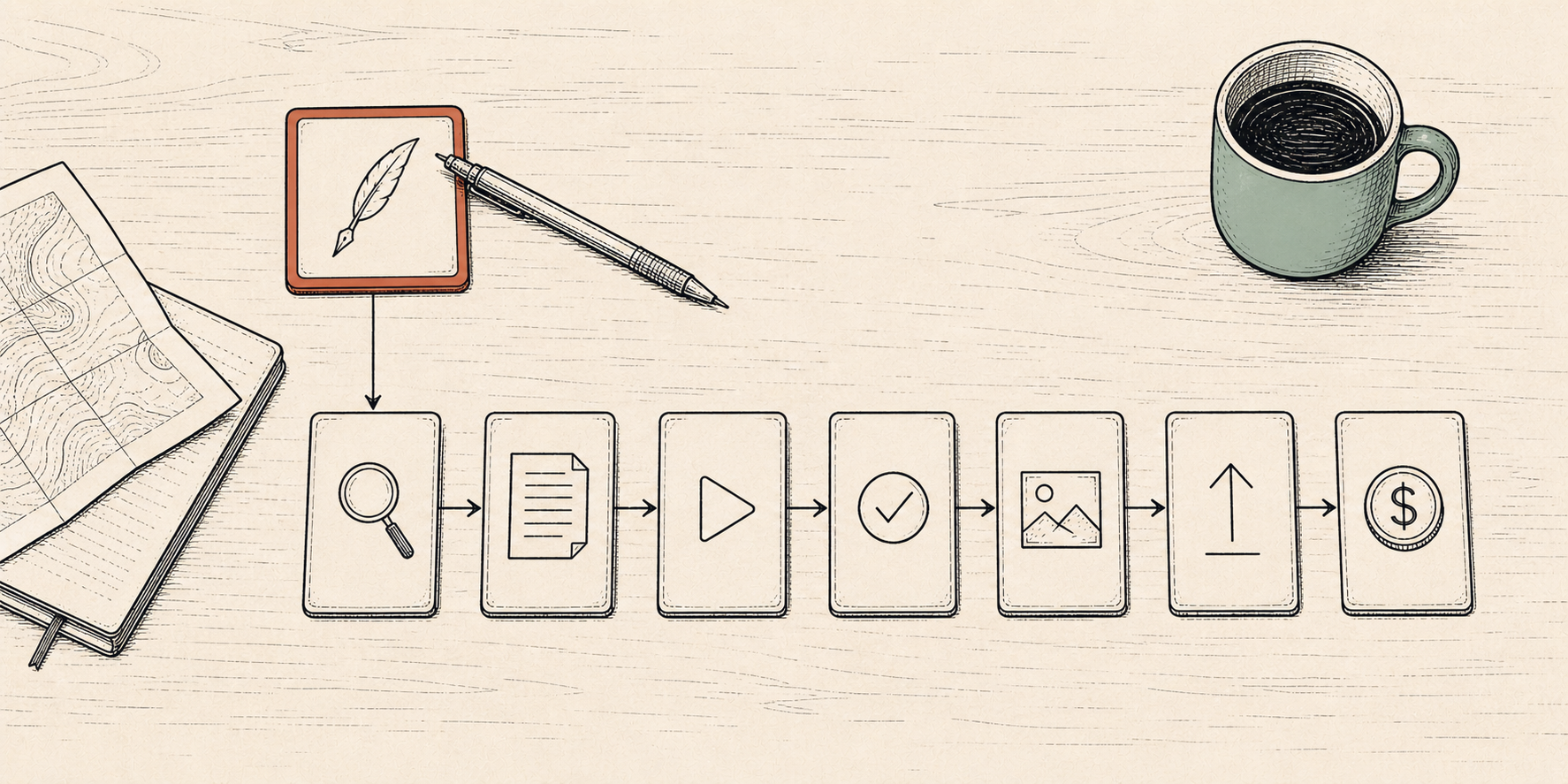 Niche, script, video, label, thumbnail, publish, revenue — seven cards in one row