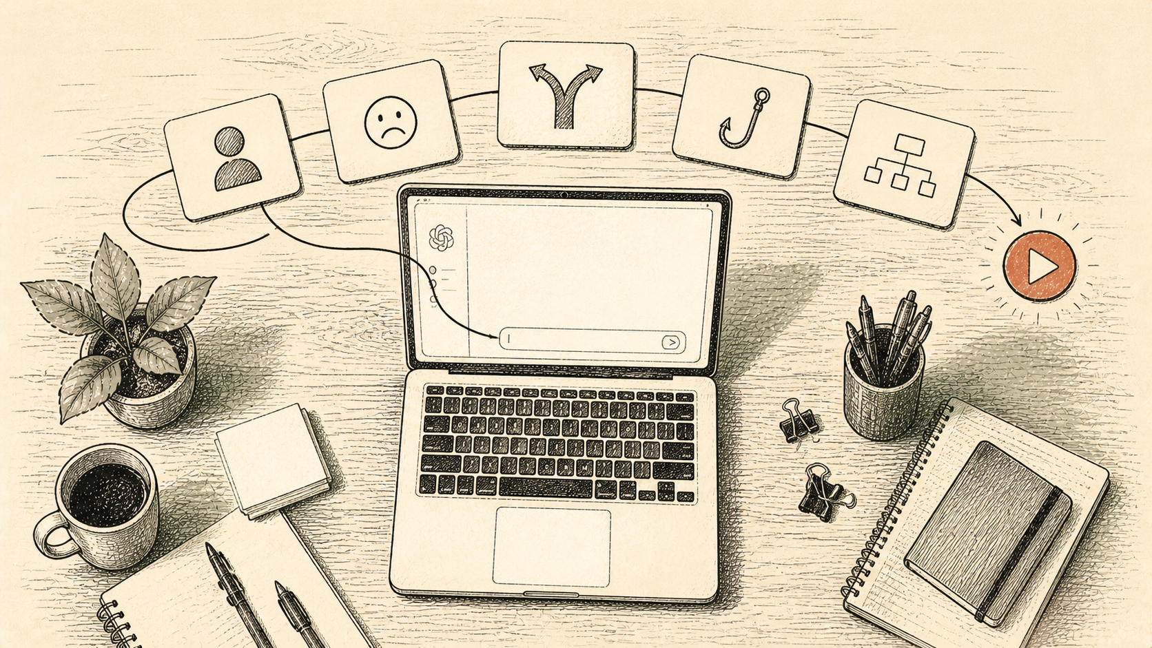 An AI for beginners desk where a blank ChatGPT screen unfolds into 5 cards labeled Identity, Pain, Angle, Hook, Outline