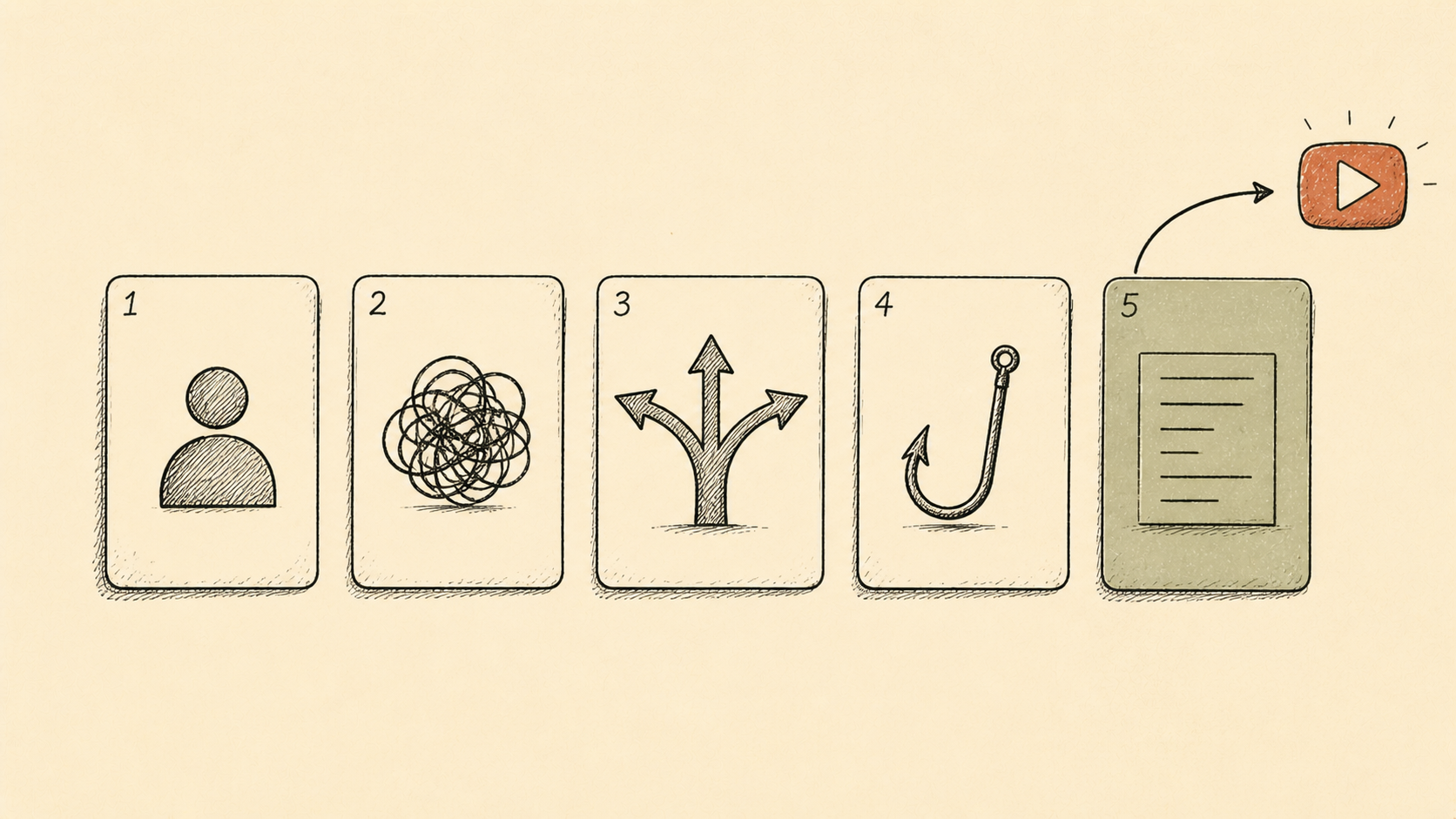 Five cards labeled Identity, Pain, Angle, Hook, Outline arranged in a row with the last card connecting to a video publish step