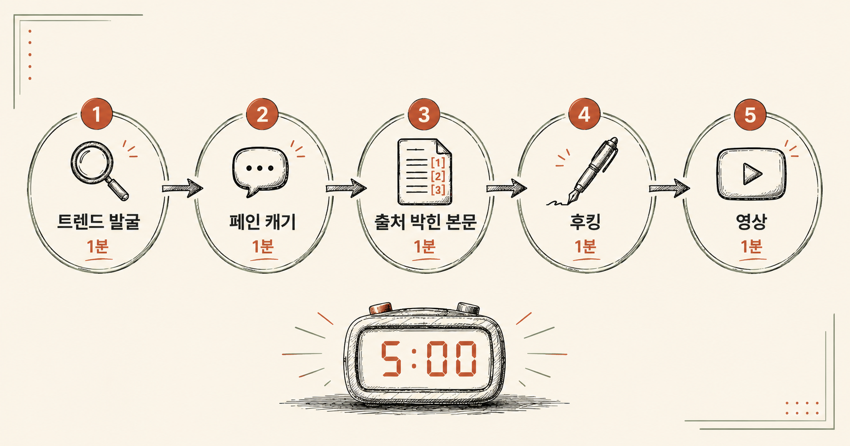 5분 컷 5단계 흐름 — 트렌드 발굴·페인 캐기·출처 박힌 본문·후킹·영상
